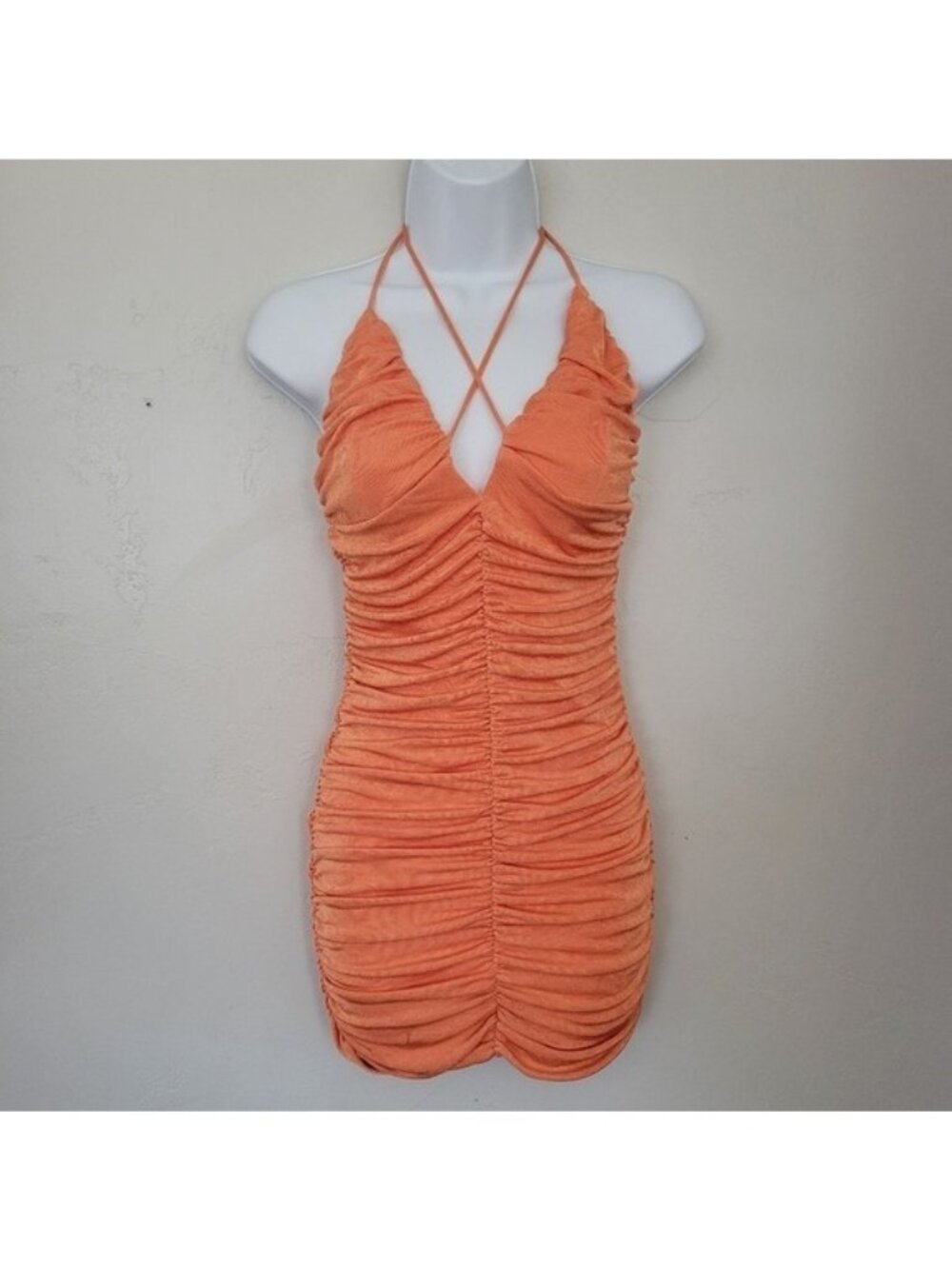 White Fox Women's Small Orange Metallic Bodycon Mini Dress Ruched Halter Top
